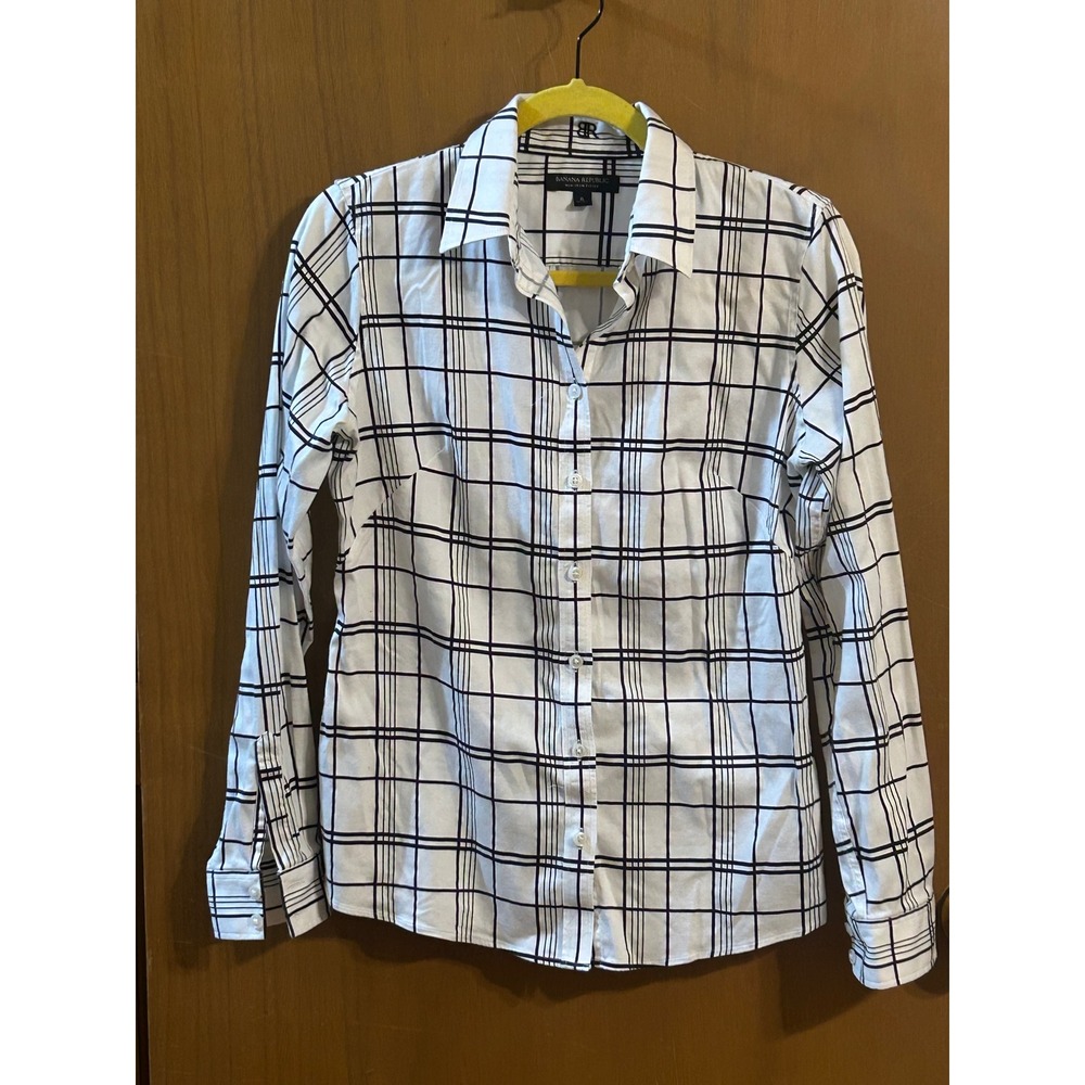 Banana Republic Non-Iron Fitted Shirt Size 8 White Black Windowpane Plaid